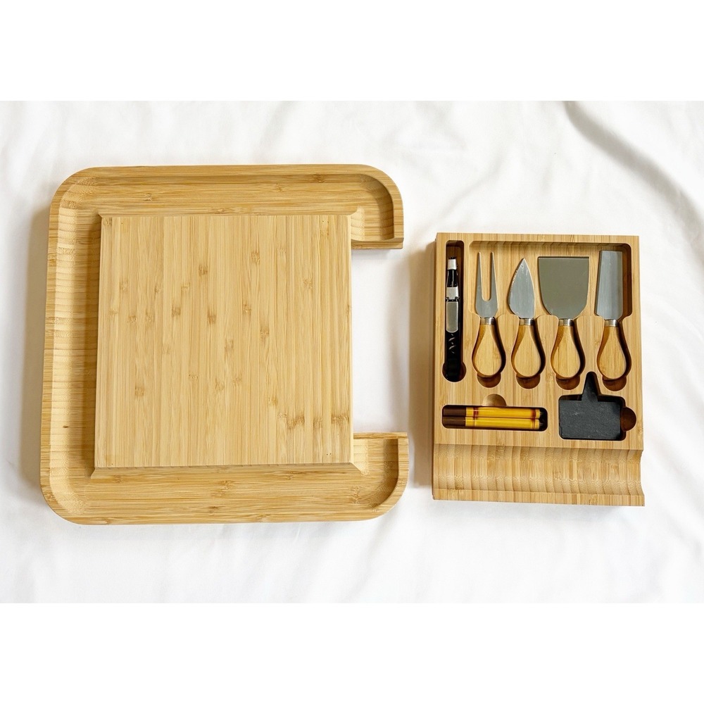 Bambusi Bamboo Cheese Board & Cutlery Set w/ Slide Out Drawer Six piece set